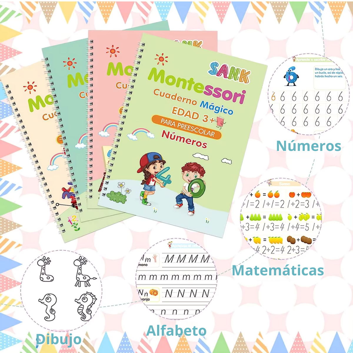 Kit de 4 Cuadernos de Caligrafía Mágicos Montessori